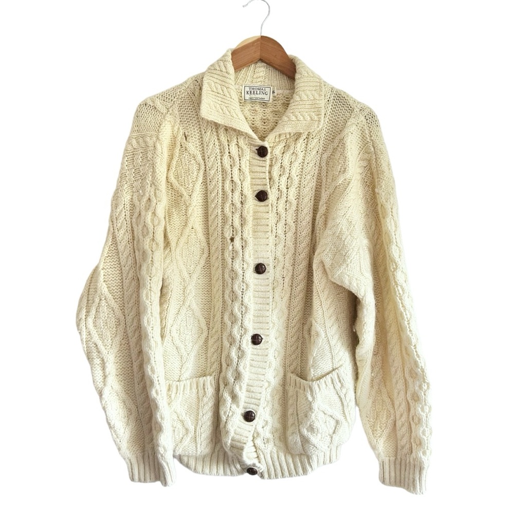 Thomas Keeling Sz XL Vintage Wool Fisherman Cable Knit Cardigan Sweater Irish
